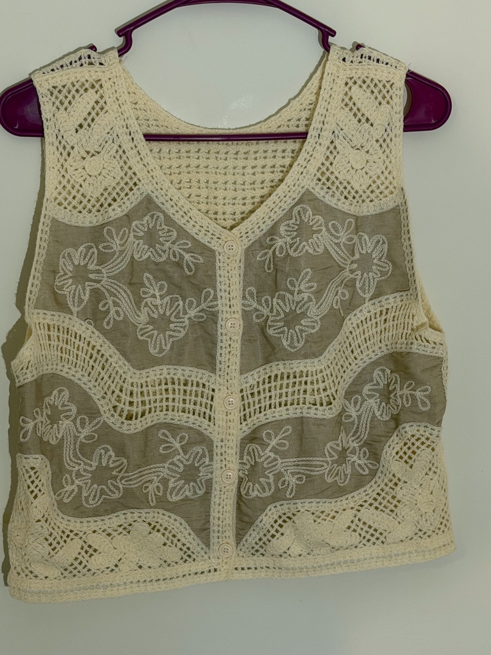 Cream Crochet Lace Button-Front Camisole style Tank sweater